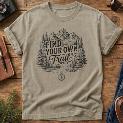 Find Your Own Trail Tee – compass and forest mountain trail graphic on Comfort Colors 1717 tee, flat lay