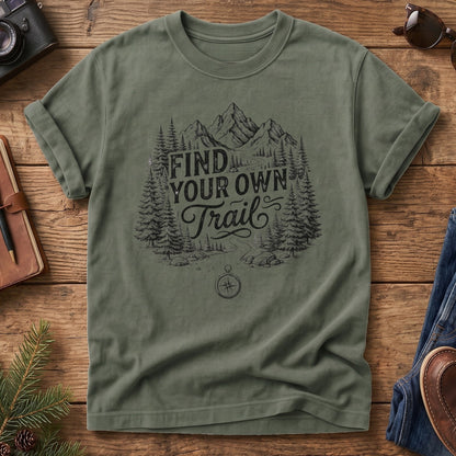 Find Your Own Trail Tee – compass and forest mountain trail graphic close-up on Comfort Colors 1717 tee