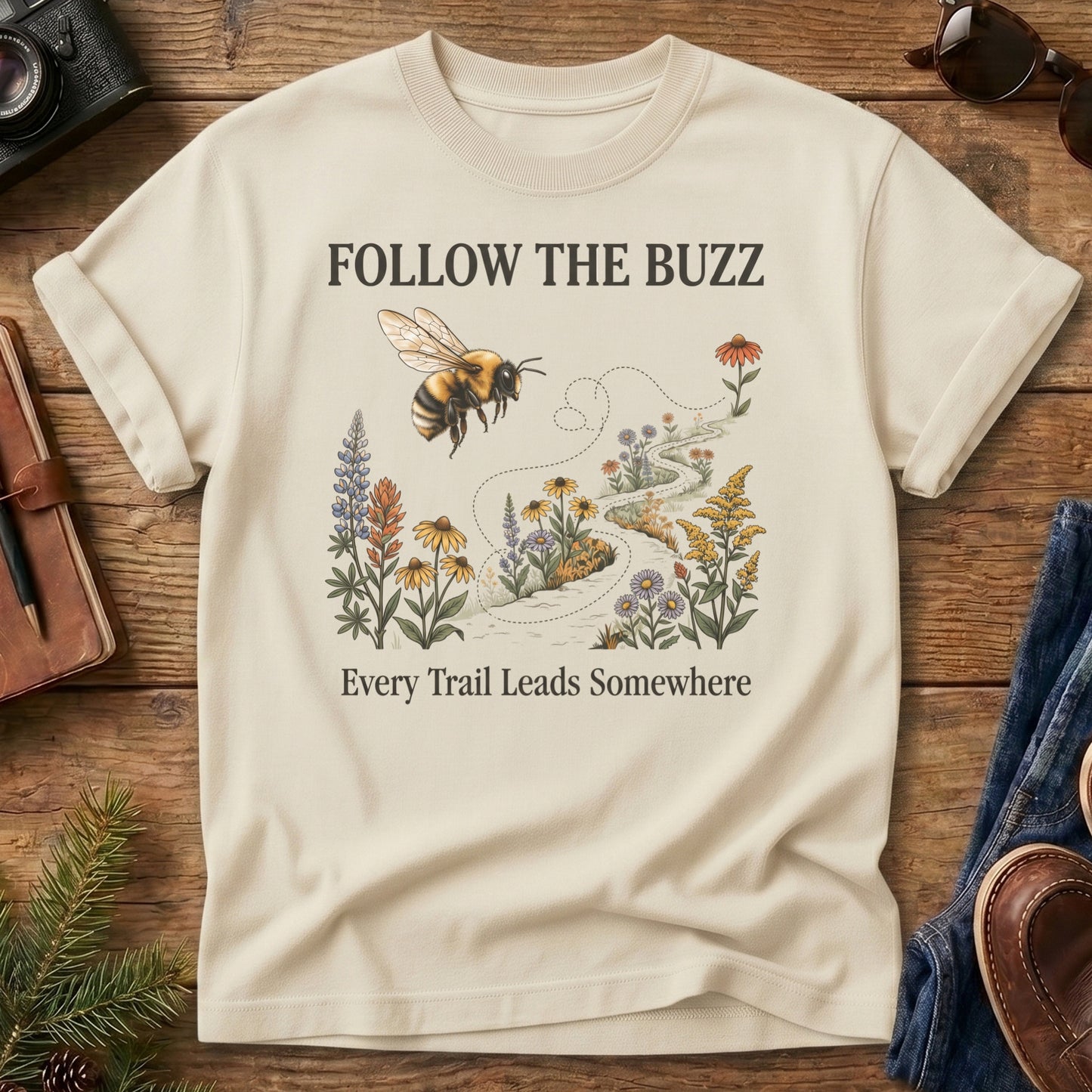 Follow the Buzz Tee – scattered bee trail graphic tee, product photo 2