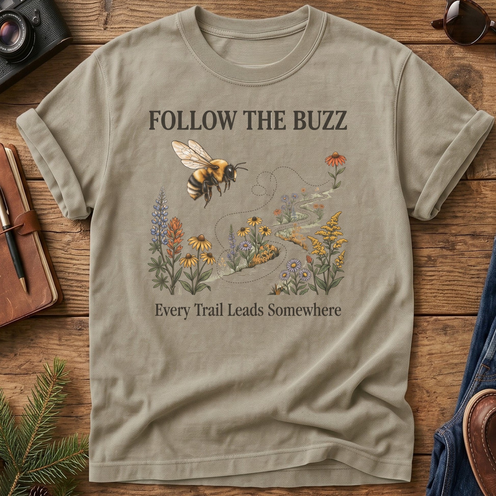 Follow the Buzz Tee – scattered bee trail graphic tee, product photo 3