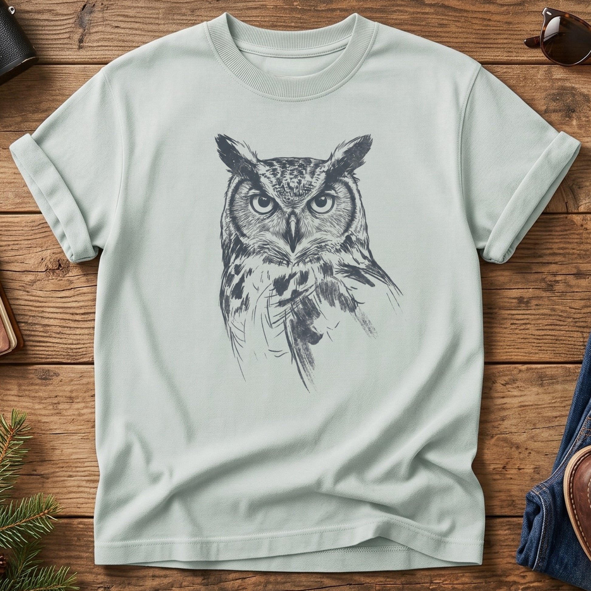 Forest Owl Wildlife Tee – forest owl graphic on Bay Comfort Colors t-shirt