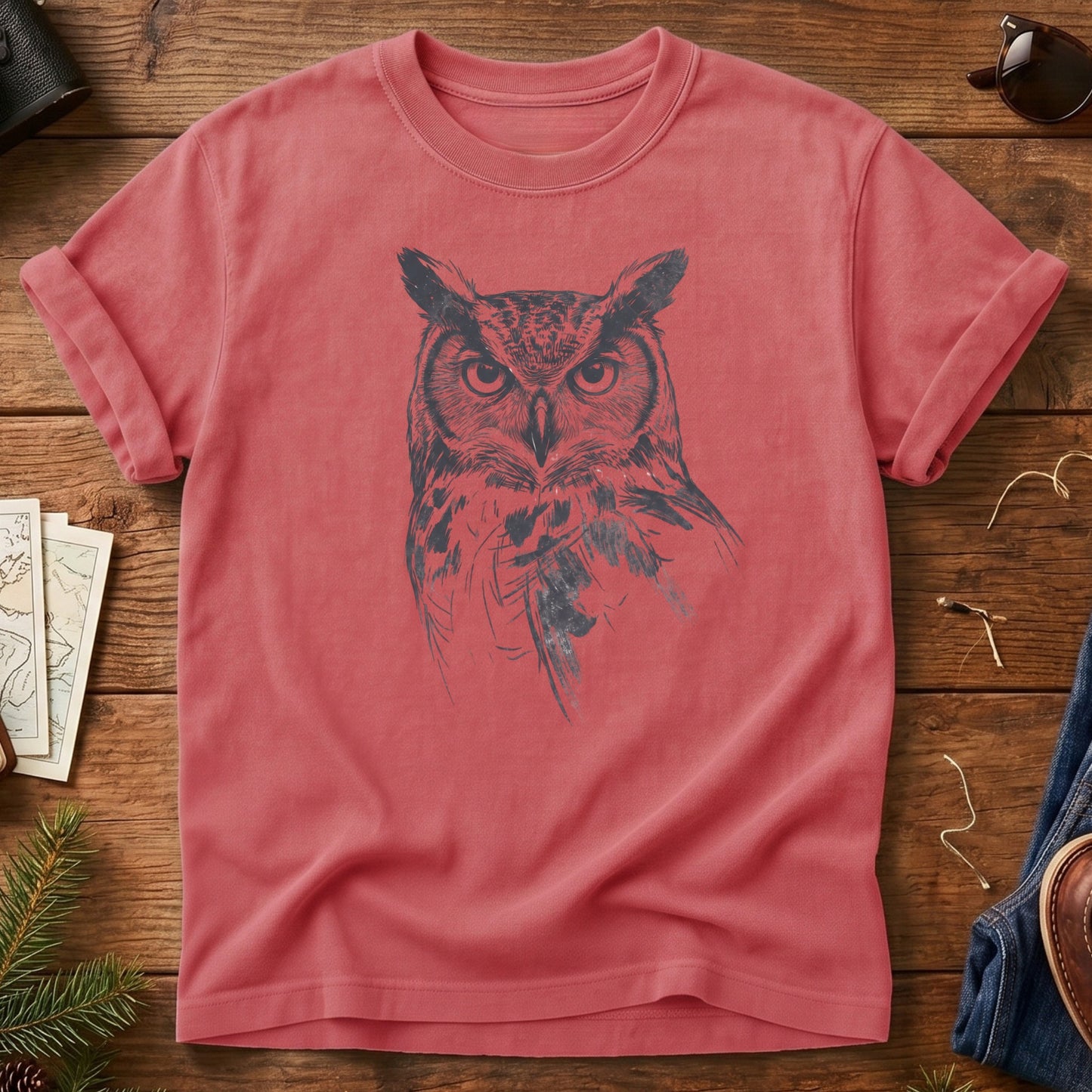 Forest Owl Wildlife Tee – forest owl graphic on Watermelon Comfort Colors t-shirt