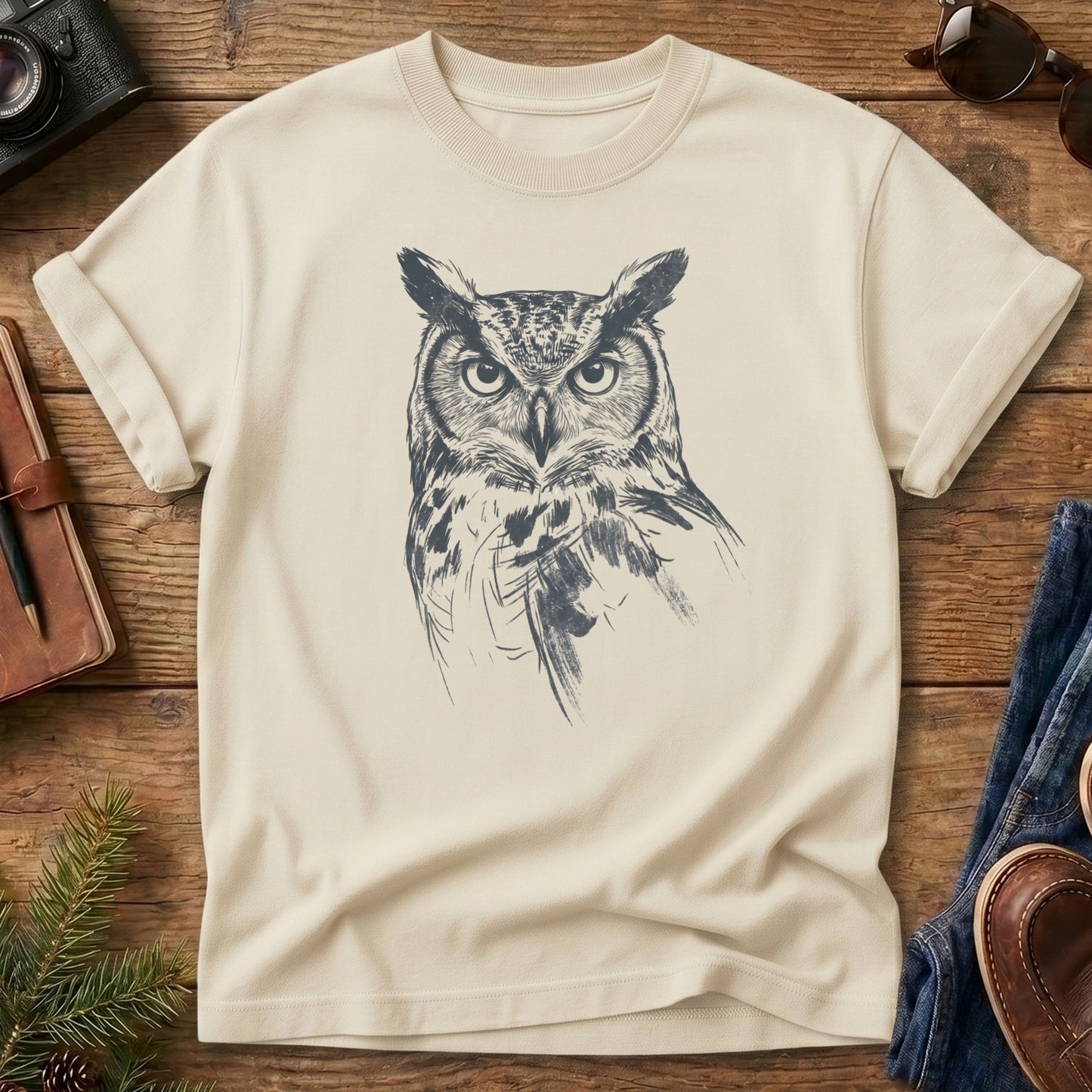 Forest Owl Wildlife Tee – forest owl graphic on Ivory Comfort Colors t-shirt