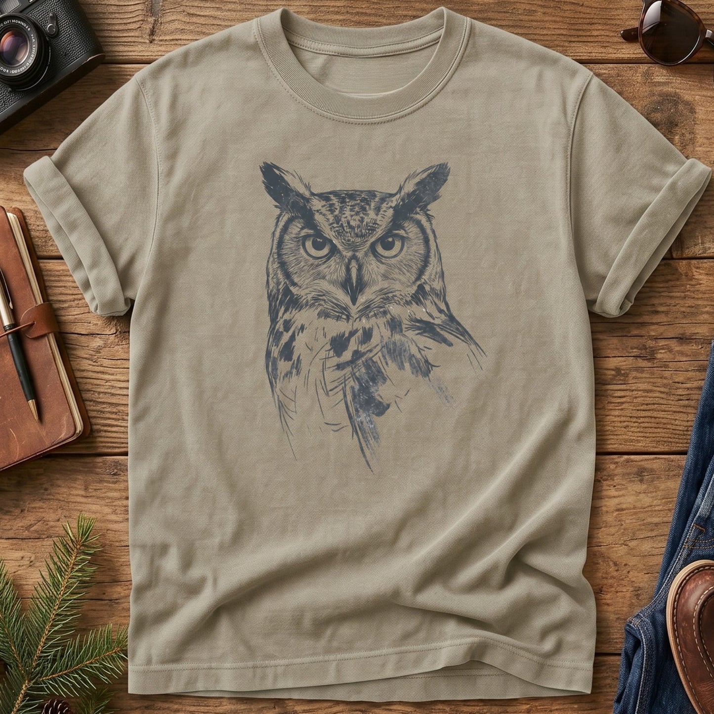 Forest Owl Wildlife Tee – forest owl graphic on Khaki Comfort Colors t-shirt