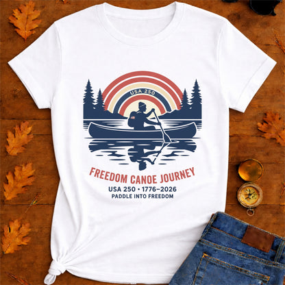 Freedom Canoe Journey T-Shirt — USA 250 Retro Paddle Design