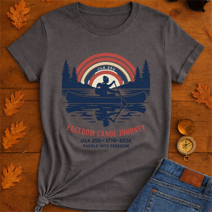 Freedom Canoe Journey T-Shirt — USA 250 Retro Paddle Design