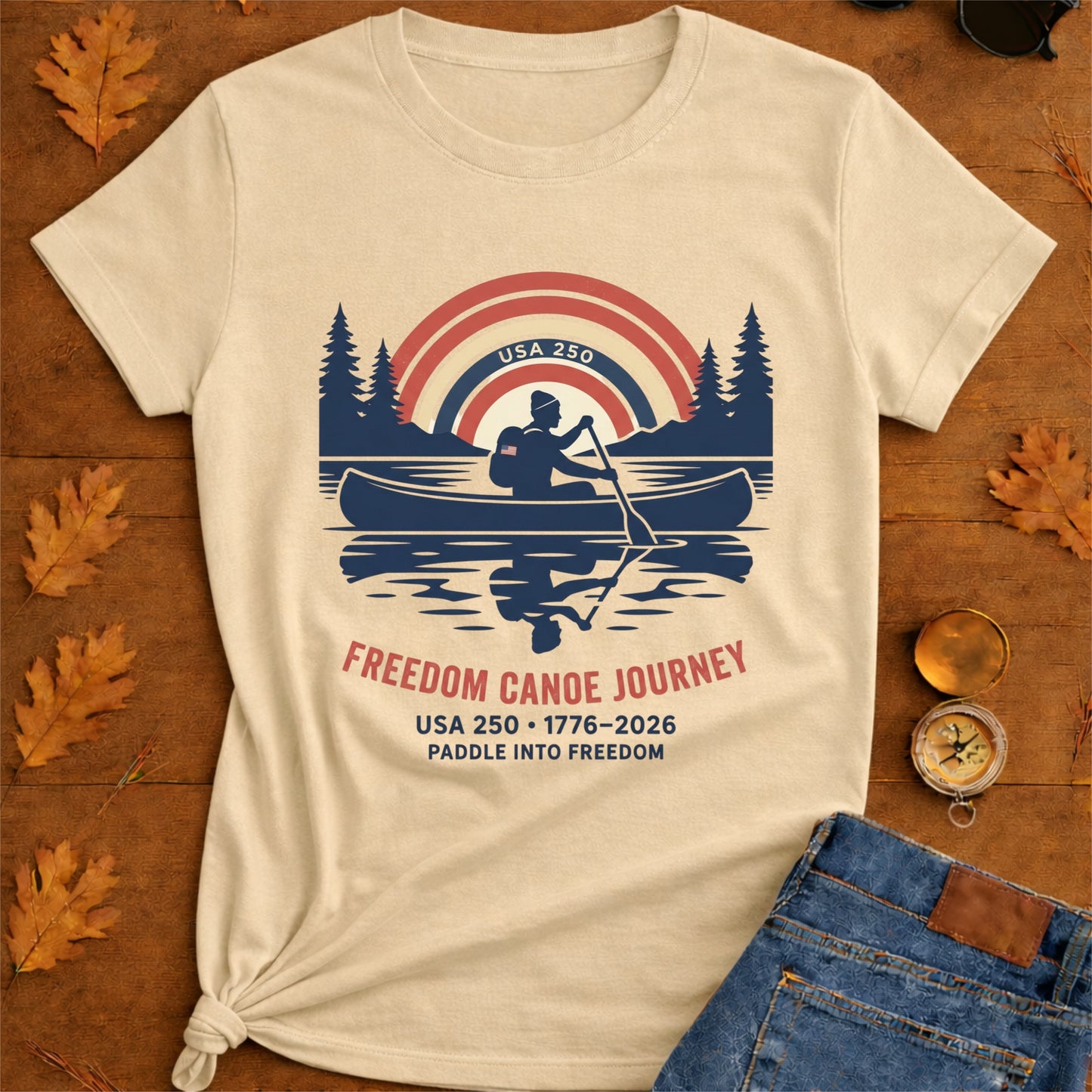 Freedom Canoe Journey T-Shirt — USA 250 Retro Paddle Design