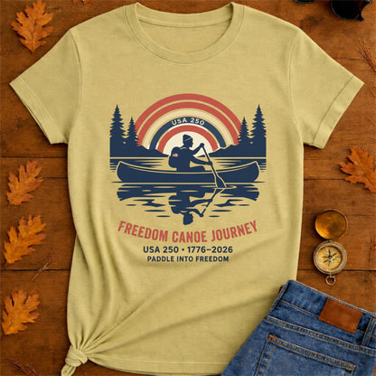 Freedom Canoe Journey T-Shirt — USA 250 Retro Paddle Design