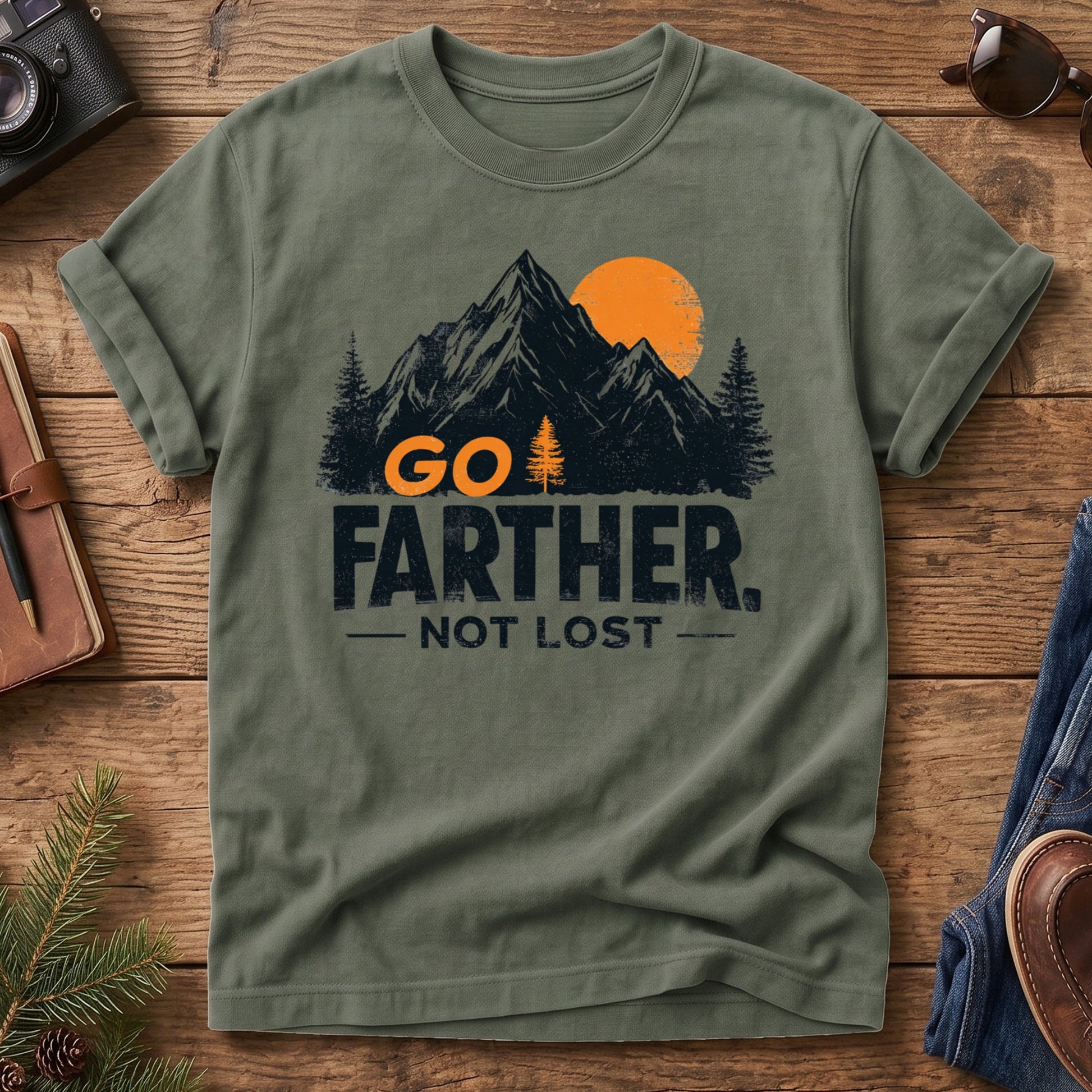 Go Farther Not Lost Tee – close-up of go farther not lost print detail