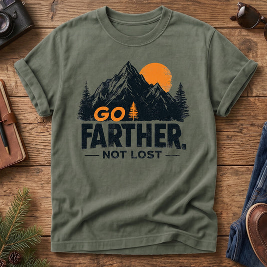Go Farther Not Lost Tee – close-up of go farther not lost print detail