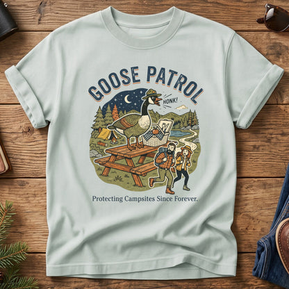 Goose Patrol Tee – Bay flat lay, funny goose campsite graphic