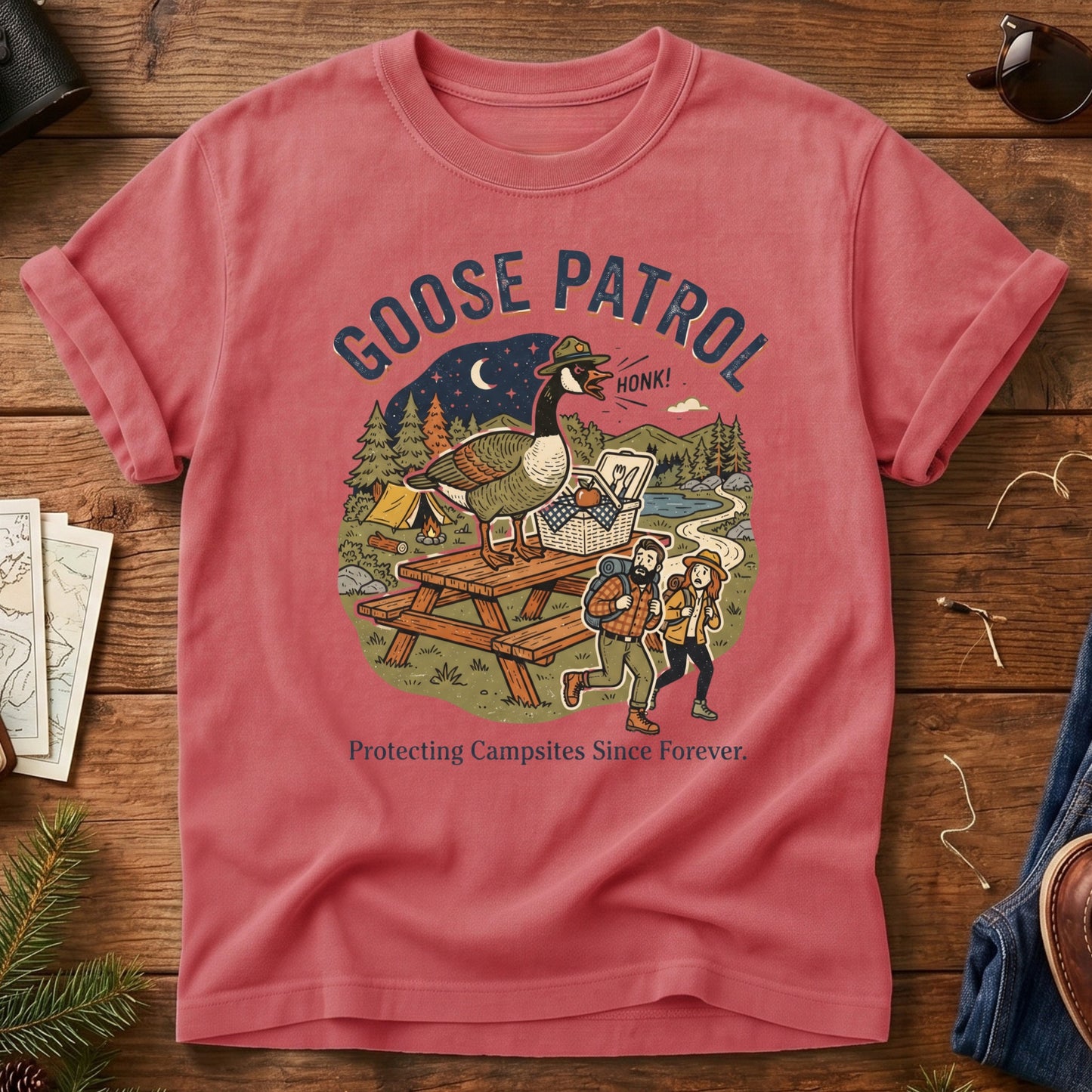 Goose Patrol Tee – styled flat lay, funny goose campsite graphic