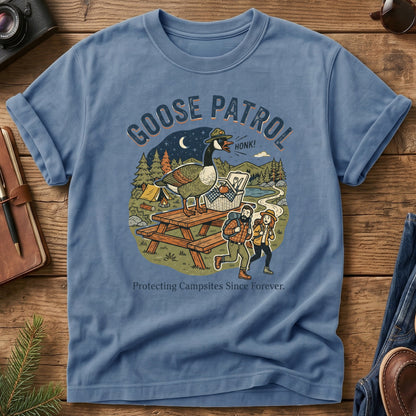 Goose Patrol Tee – Blue Jean flat lay, funny goose campsite graphic