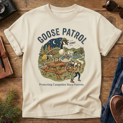 Goose Patrol Tee – styled flat lay, funny goose campsite graphic