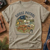 Goose Patrol Tee – Khaki flat lay, funny goose campsite graphic