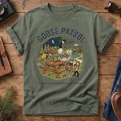 Goose Patrol Tee – styled flat lay, funny goose campsite graphic
