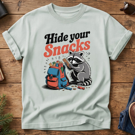 Hide Your Snacks Raccoon Tee – hide your snacks raccoon graphic on Softstyle t-shirt, front view