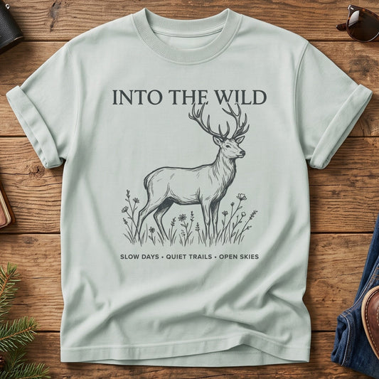 Into The Wild Tee in Bay — fine-line stag and wildflower graphic