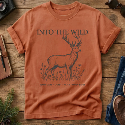 Into The Wild Tee in Yam — fine-line stag and wildflower graphic