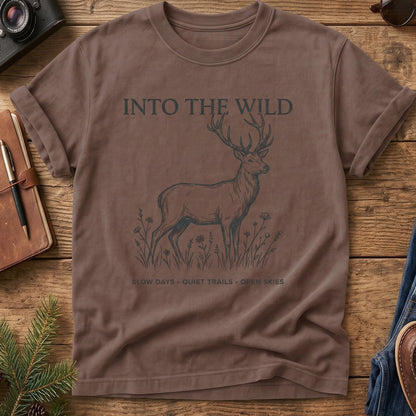 Into The Wild Tee in Espresso — fine-line stag and wildflower graphic