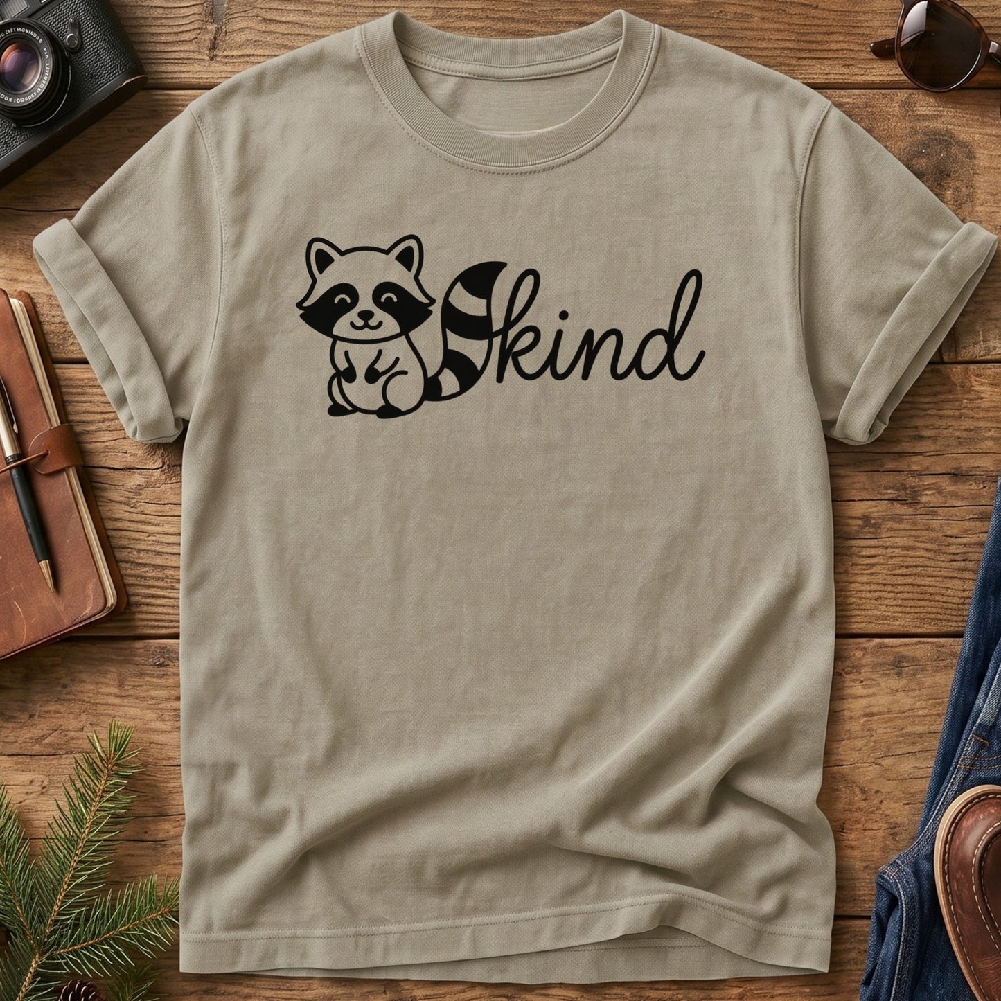 Kind Raccoon Tee – kind raccoon graphic tee in Khaki, product photo 3