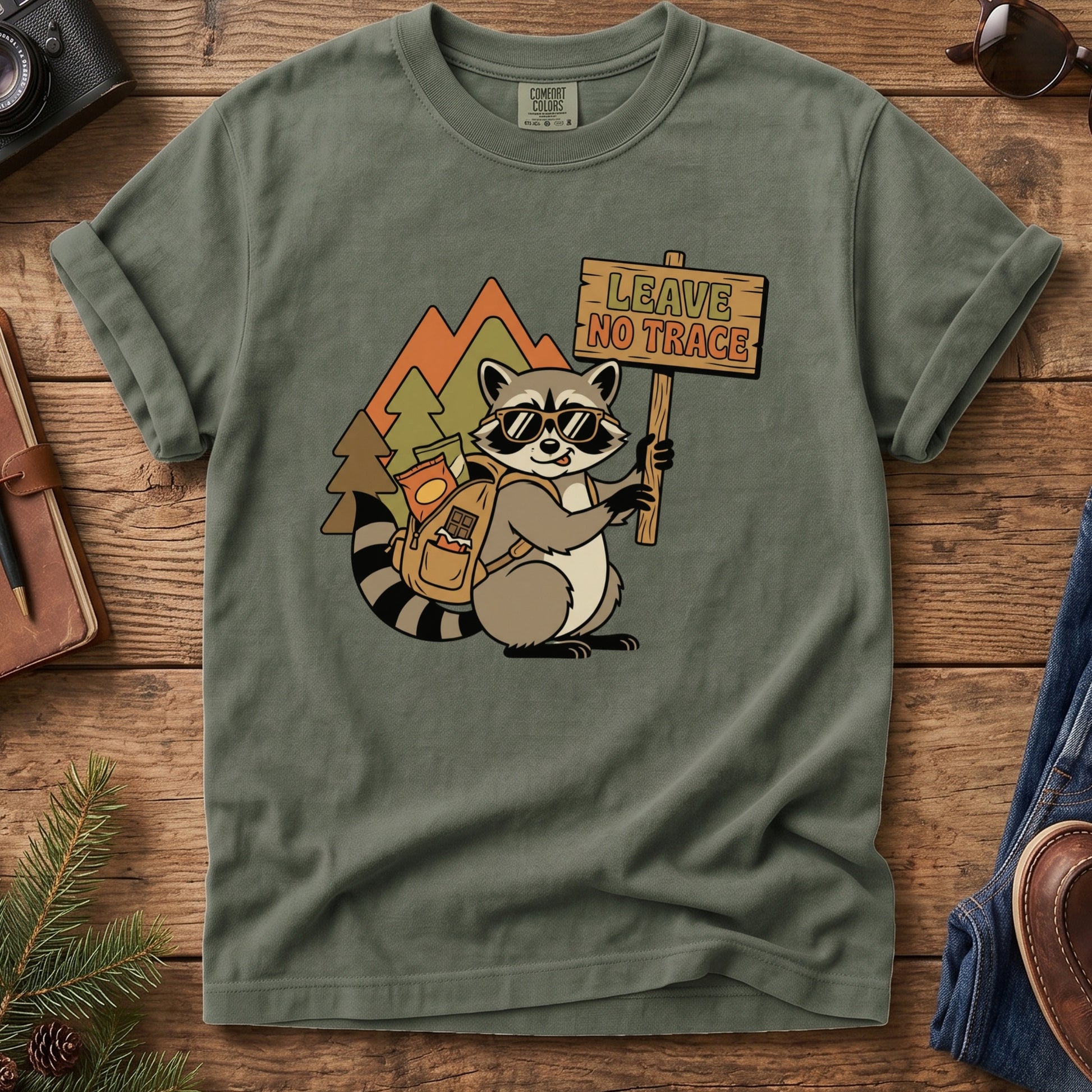 Leave No Trace Raccoon T-Shirt – close-up of leave no trace artwork