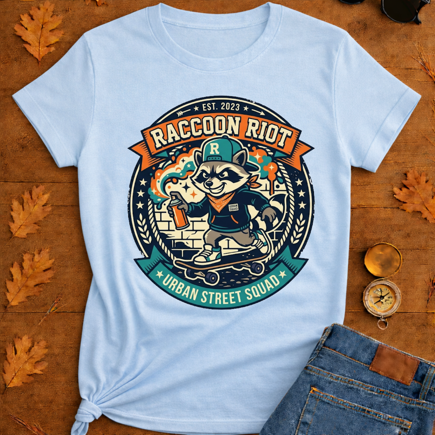 Raccoon Skate Crew T-Shirt — "R" Streetwear Badge Graphic