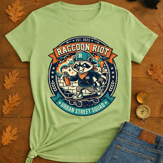 Raccoon Skate Crew T-Shirt — "R" Streetwear Badge Graphic