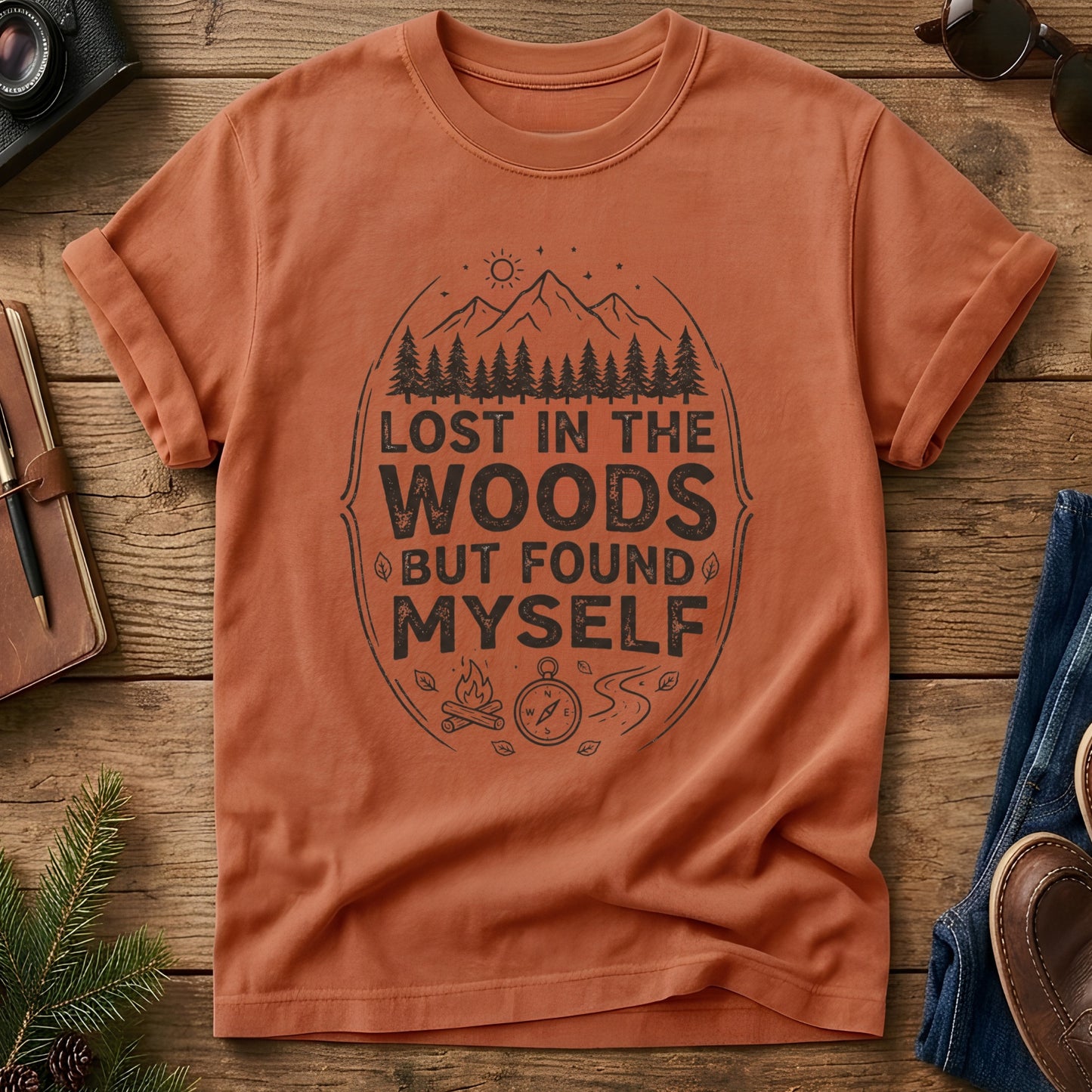 Lost In The Woods But Found Myself Tee in Yam — camp badge graphic with compass and campfire