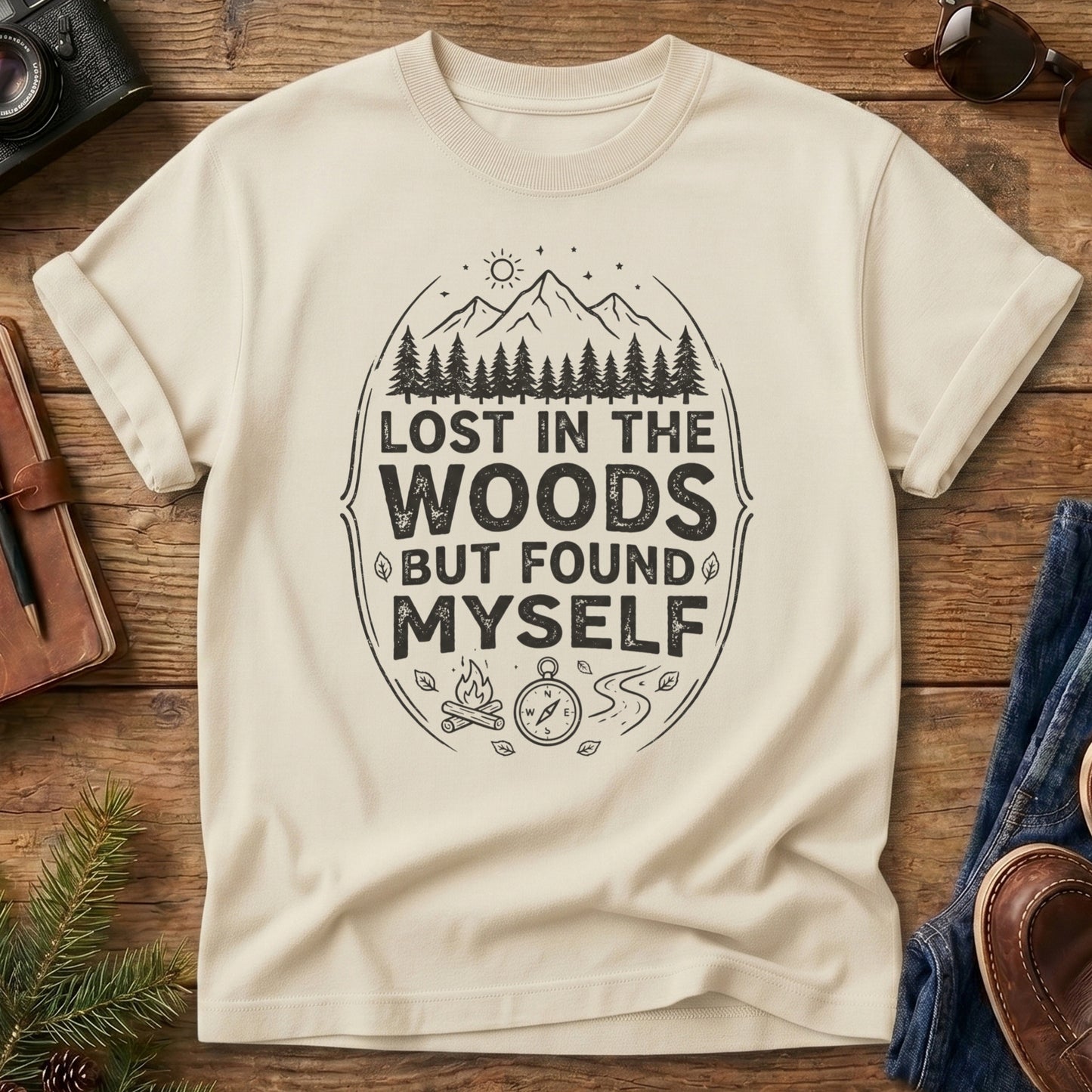 Lost In The Woods But Found Myself Tee in Ivory — camp badge graphic with compass and campfire