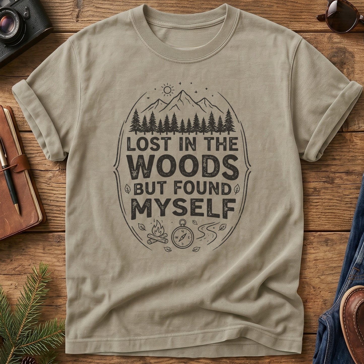 Lost In The Woods But Found Myself Tee in Khaki — camp badge graphic with compass and campfire