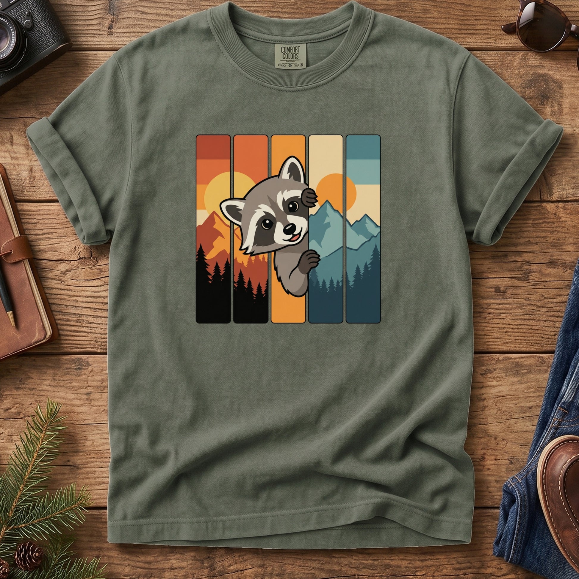 Mountain Raccoon Adventure Tee – close-up of the mountain raccoon print detail