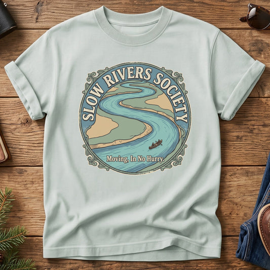 Slow Rivers Society Tee – river and canoe badge graphic tee, product photo 1