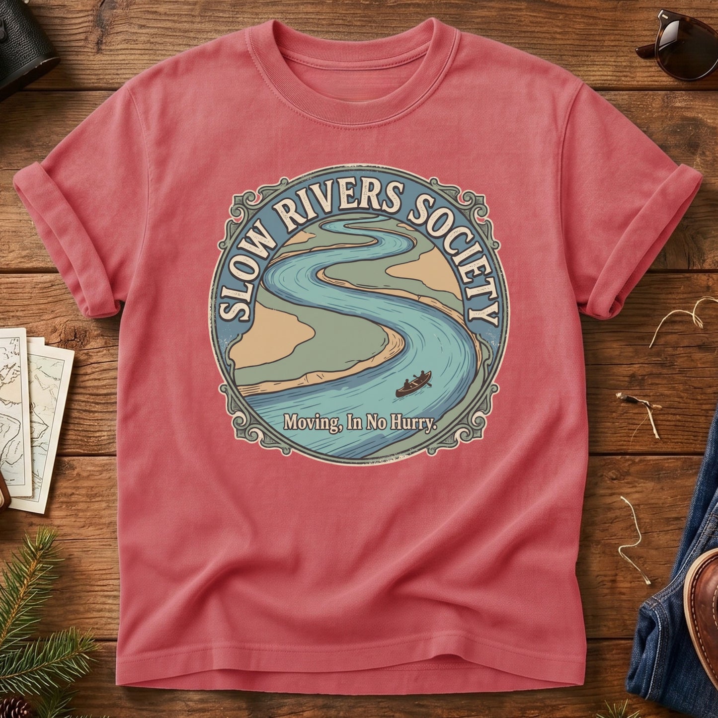 Slow Rivers Society Tee – river and canoe badge graphic tee, product photo 6