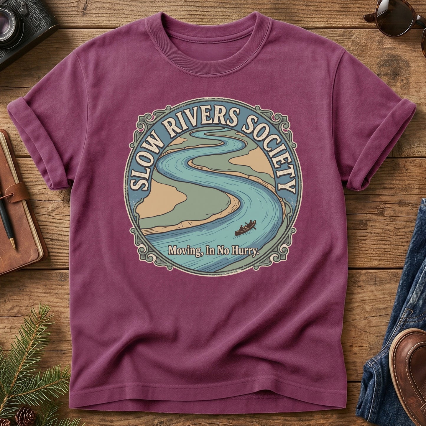 Slow Rivers Society Tee – river and canoe badge graphic tee, product photo 2