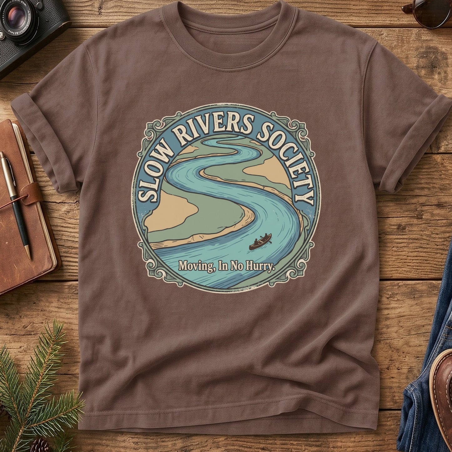 Slow Rivers Society Tee – river and canoe badge graphic tee, product photo 8