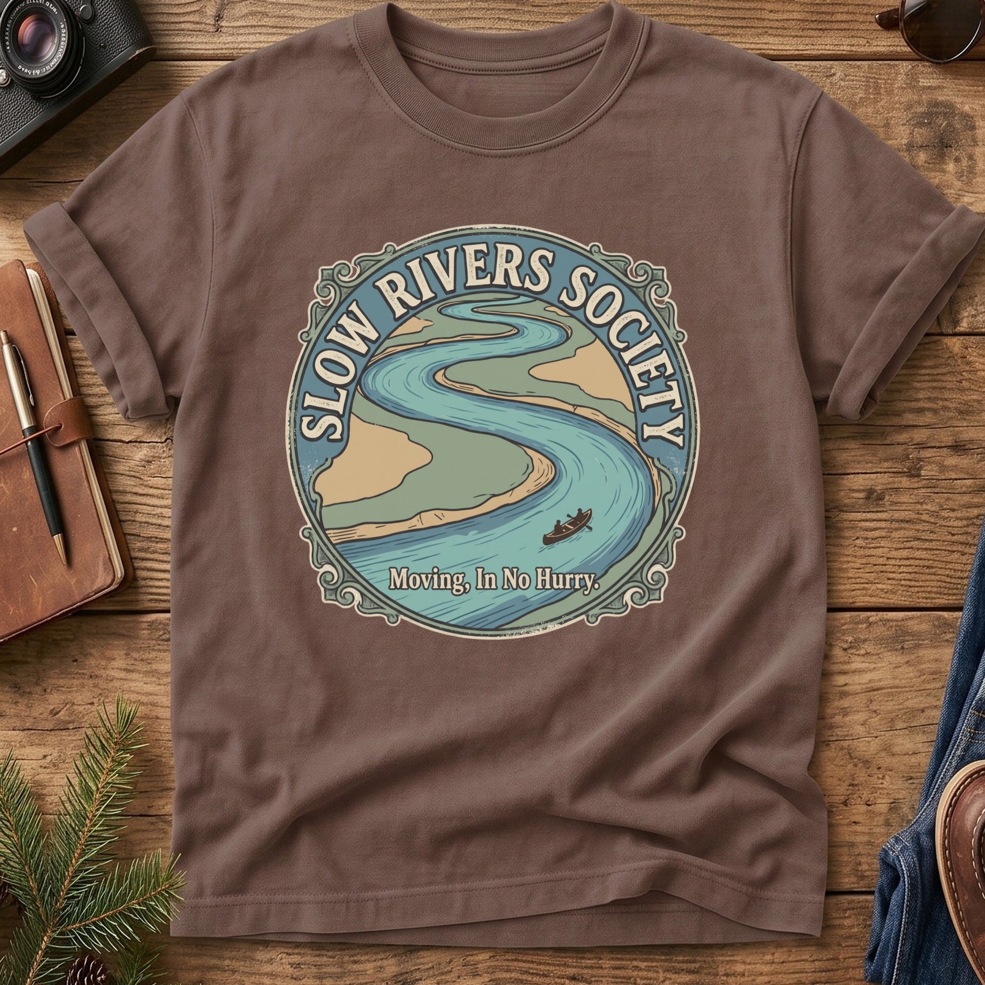 Slow Rivers Society Tee – river and canoe badge graphic tee, product photo 8