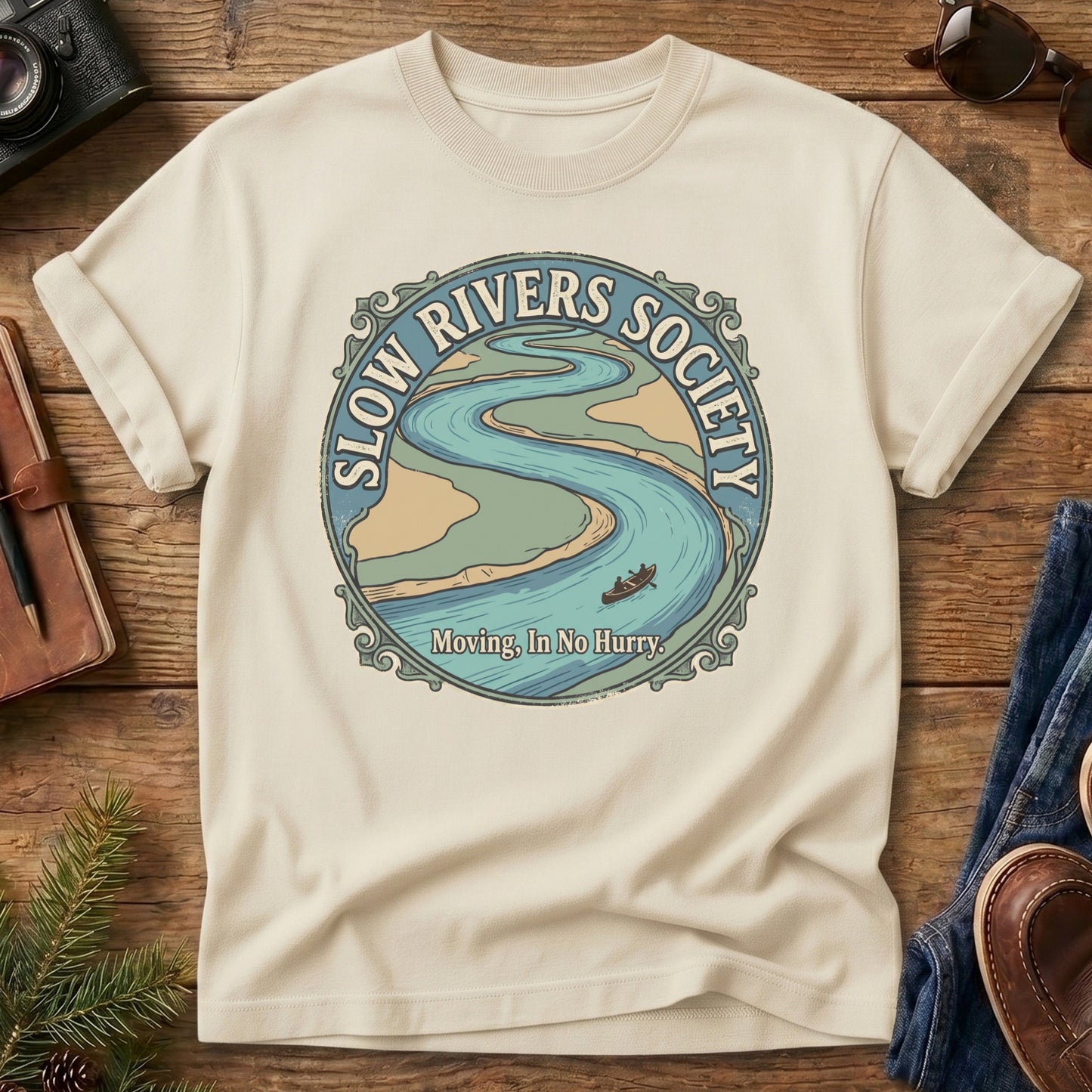 Slow Rivers Society Tee – river and canoe badge graphic tee, product photo 3