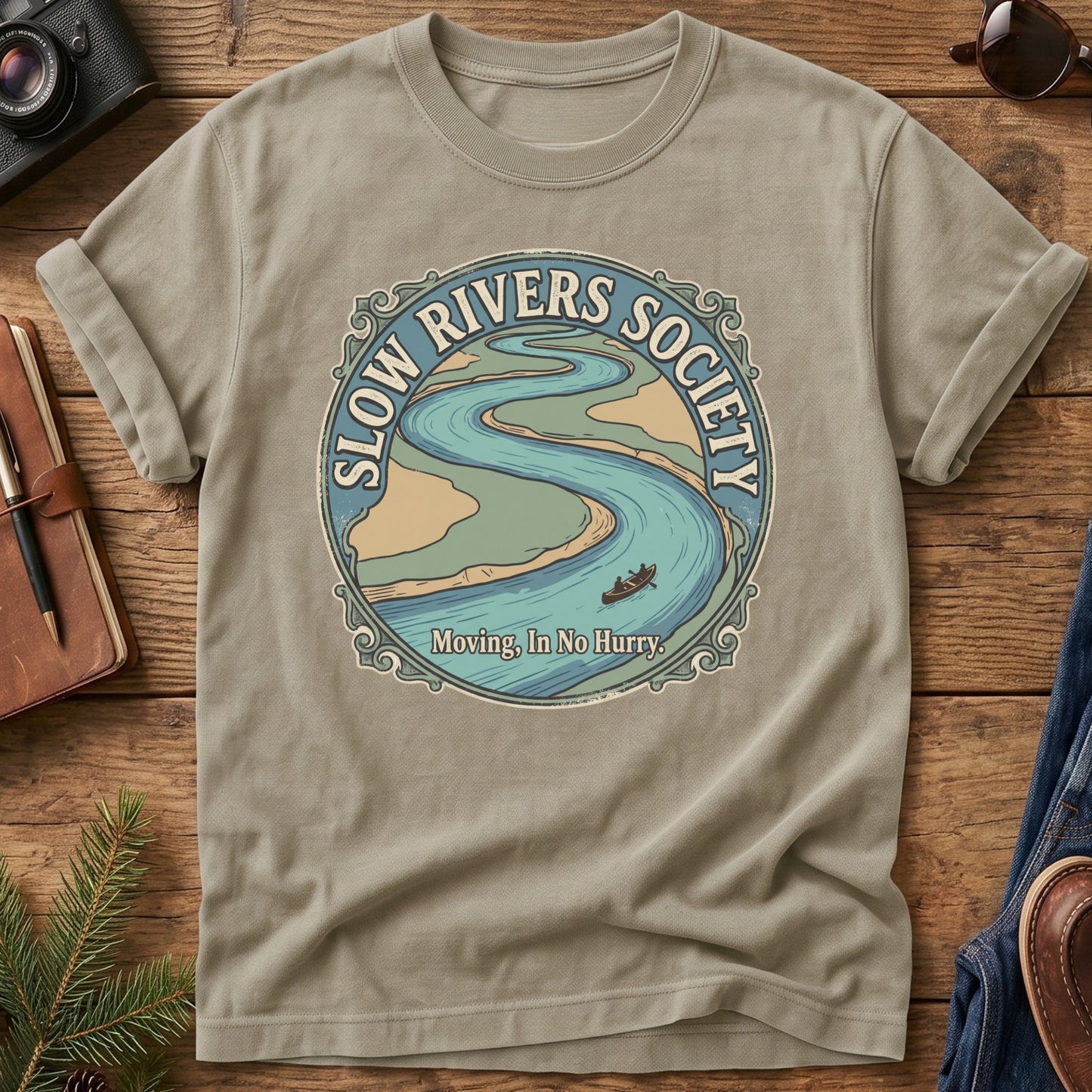 Slow Rivers Society Tee – river and canoe badge graphic tee, product photo 4