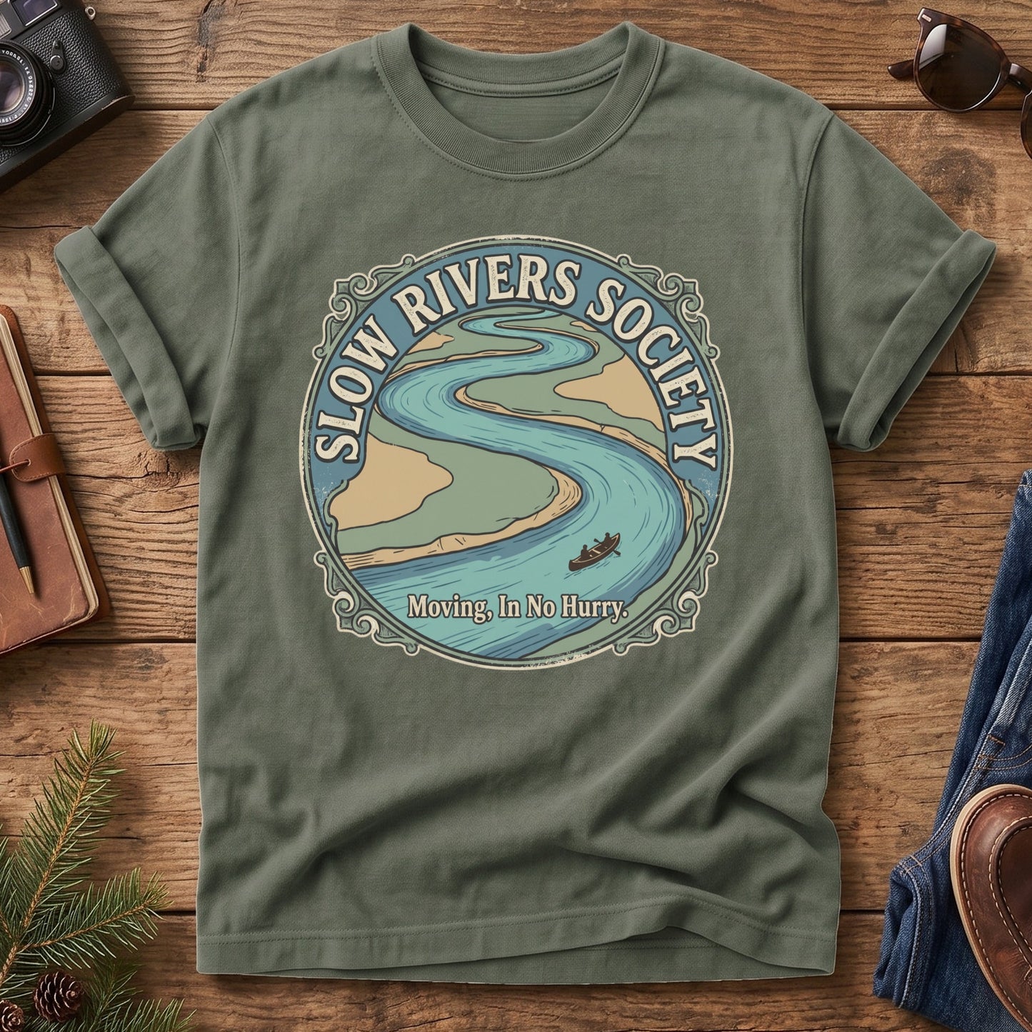 Slow Rivers Society Tee – river and canoe badge graphic tee, product photo 5