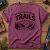 My Weekend Plans Are Trails Tee in Berry — cabin, mountain, and hiking boots graphic