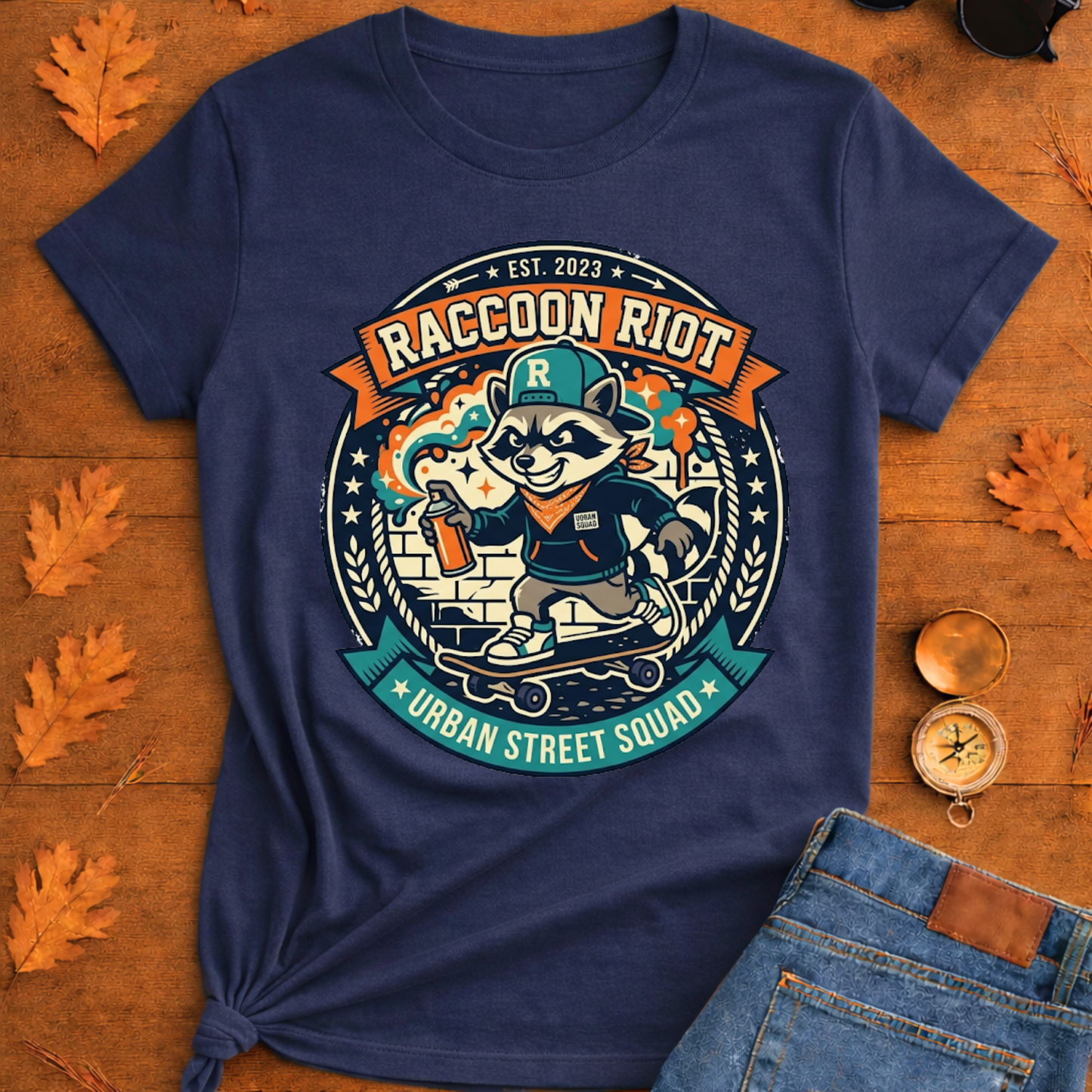 Raccoon Skate Crew T-Shirt — "R" Streetwear Badge Graphic