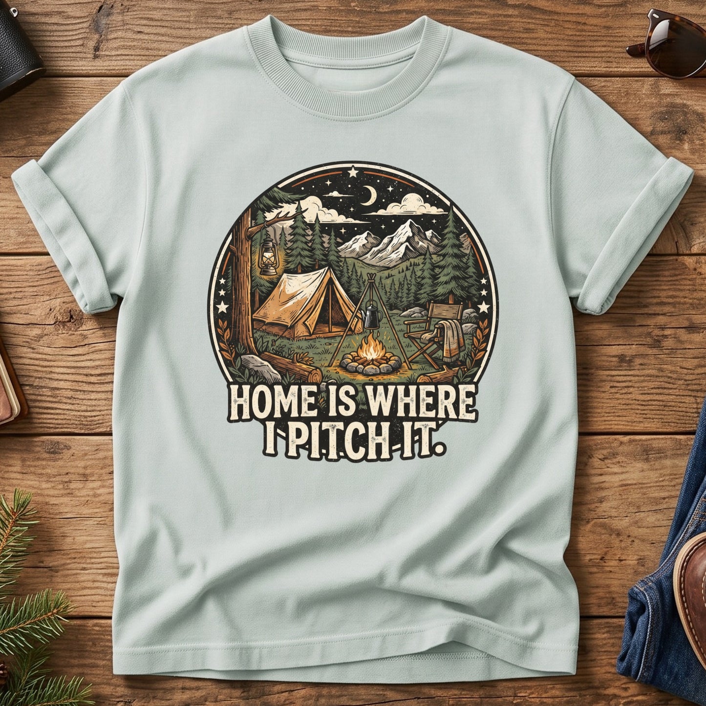 Pitch It Tee – tent, lantern, and campfire night sky badge graphic on Comfort Colors 1717 tee, flat lay