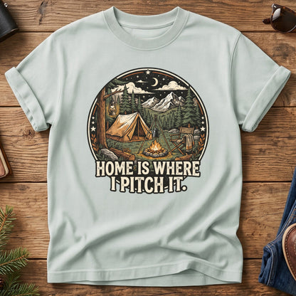 Pitch It Tee – tent, lantern, and campfire night sky badge graphic on Comfort Colors 1717 tee, flat lay