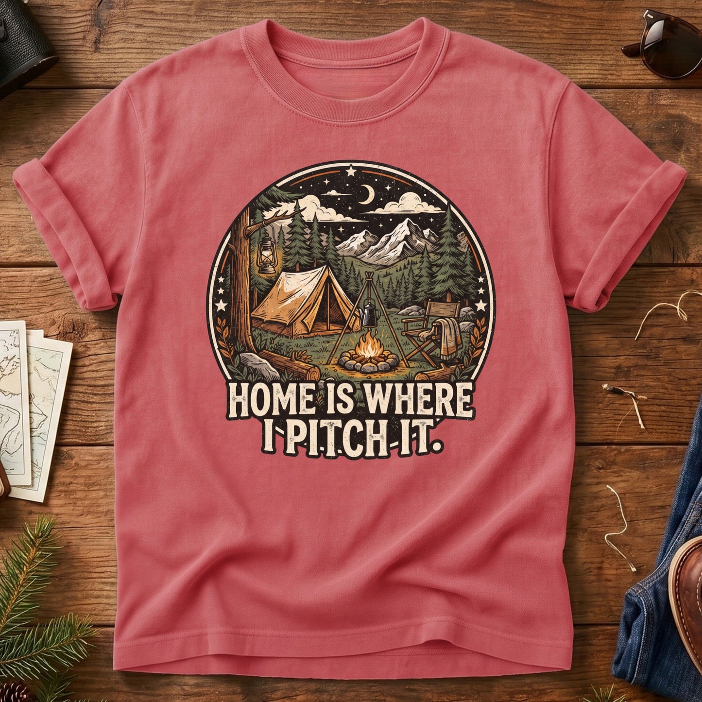 Pitch It Tee – tent, lantern, and campfire night sky badge graphic close-up on Comfort Colors 1717 tee