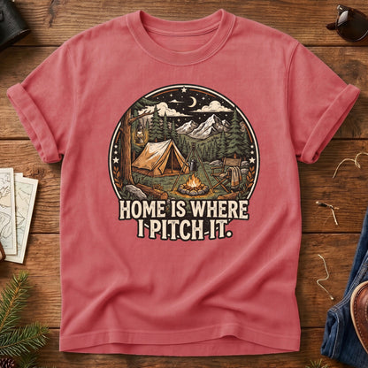 Pitch It Tee – tent, lantern, and campfire night sky badge graphic close-up on Comfort Colors 1717 tee