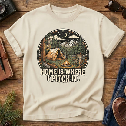 Pitch It Tee – tent, lantern, and campfire night sky badge graphic on Comfort Colors 1717 tee, flat lay