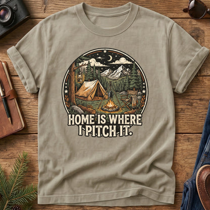 Pitch It Tee – tent, lantern, and campfire night sky badge graphic on Comfort Colors 1717 tee, flat lay