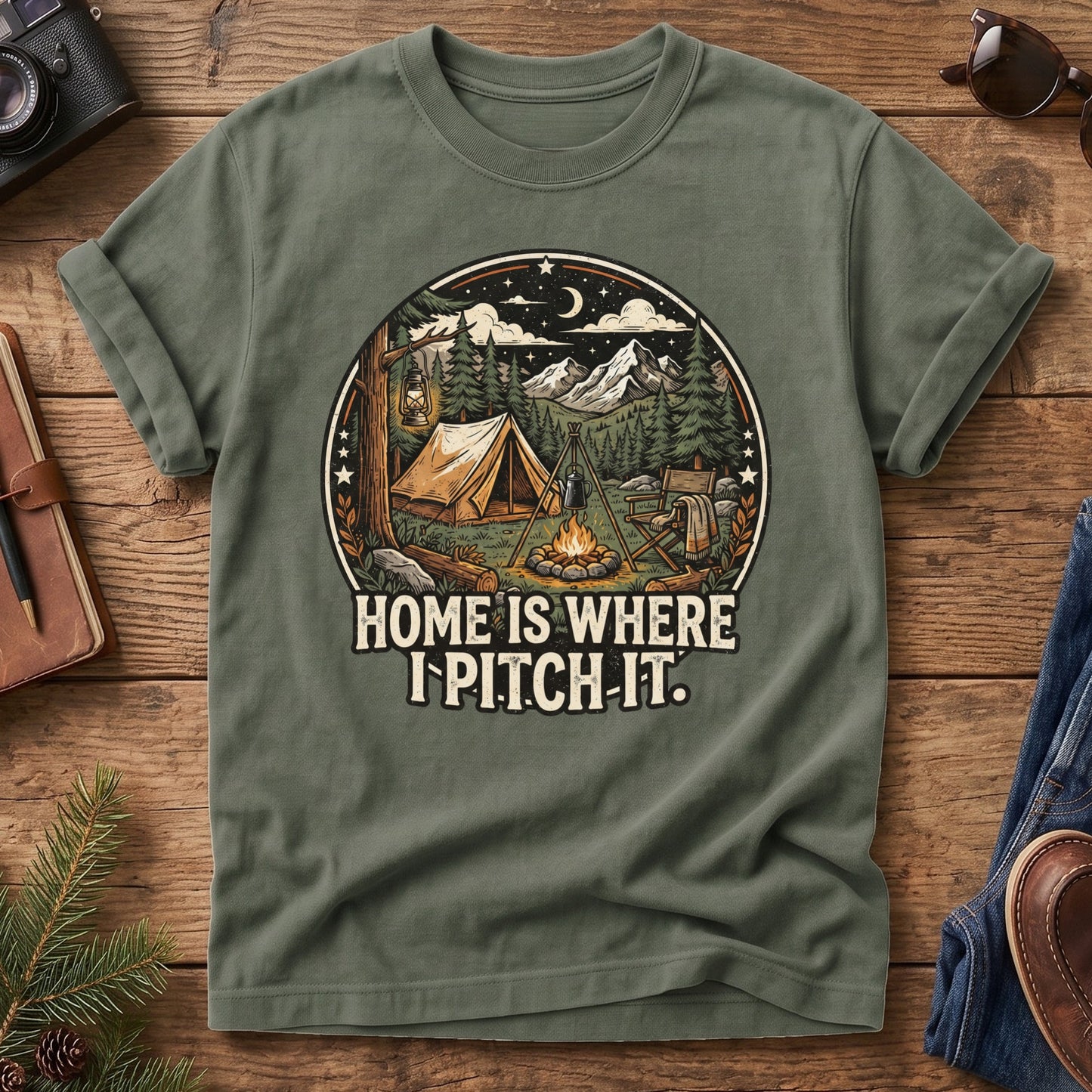 Pitch It Tee – tent, lantern, and campfire night sky badge graphic on Comfort Colors 1717 tee, flat lay