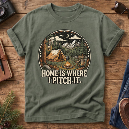 Pitch It Tee – tent, lantern, and campfire night sky badge graphic on Comfort Colors 1717 tee, flat lay